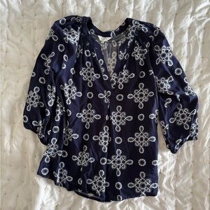 Crown & Ivy Navy and White Patterned Blouse